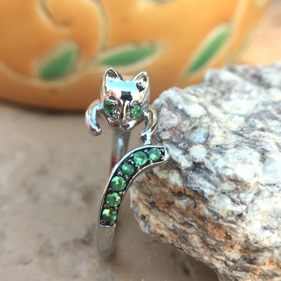 Genuine Tsavorite 925 Wraparound Cat Ring Sterling Silver Green Garnet Sz 6 or 9 - Picture 3 of 14